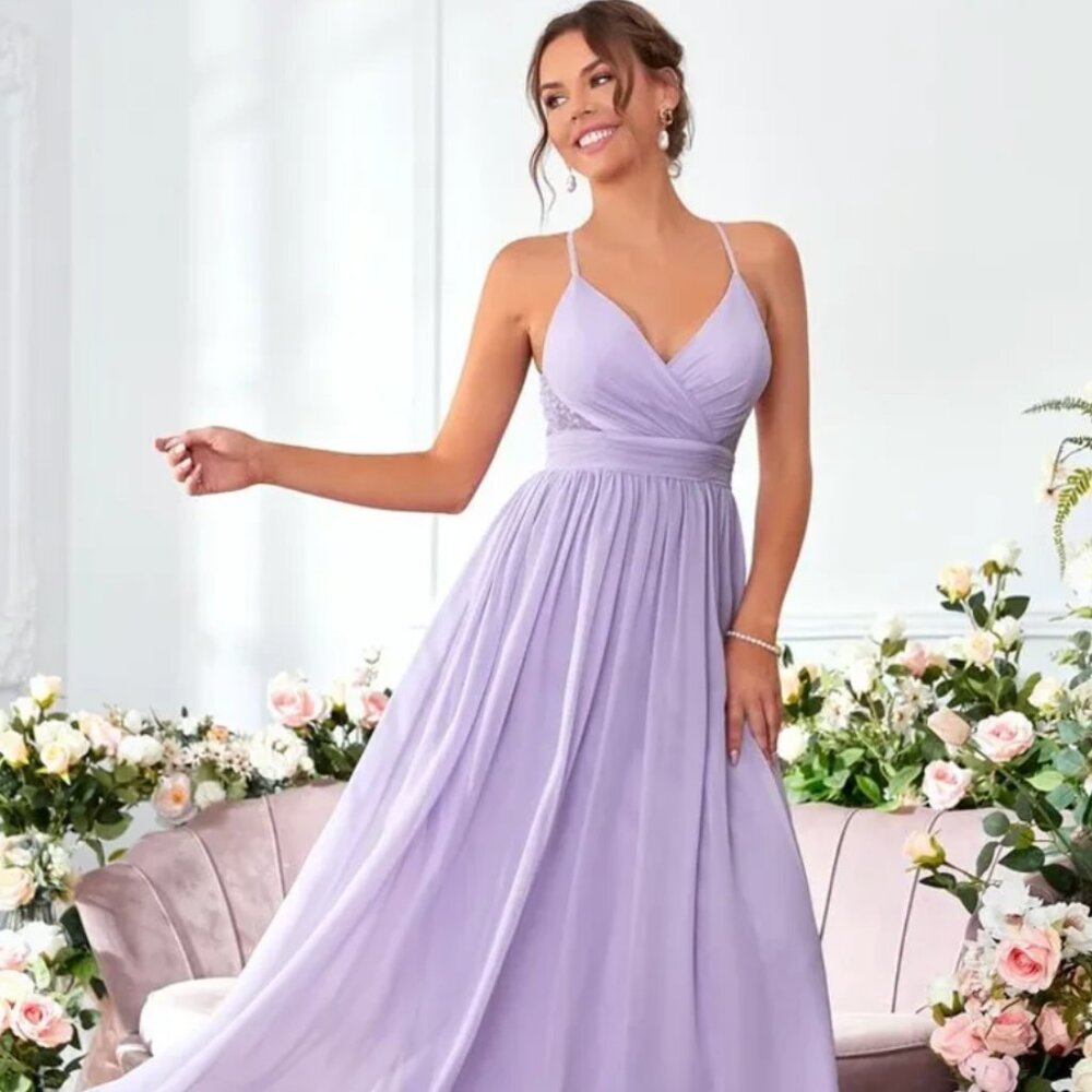Lavender Chiffon Lace V-Neck Bridesmaid Dress